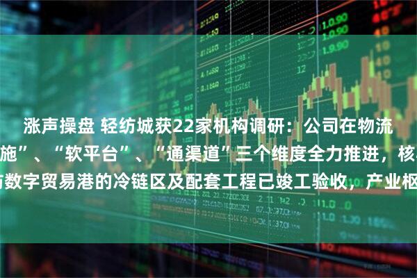 涨声操盘 轻纺城获22家机构调研：公司在物流体系建设上正从“硬设施”、“软平台”、“通渠道”三个维度全力推进，核心项目如轻纺数字贸易港的冷链区及配套工程已竣工验收，产业枢纽的框架已基本搭建完成（附调研问答）